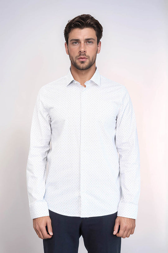 Men's White Houndstooth Slim Fit Long Sleeve Shirt | Wessi