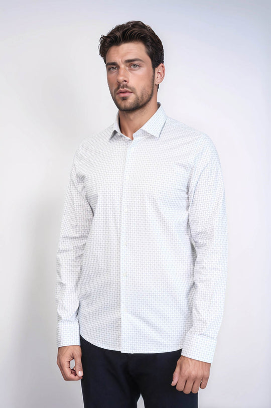 Men's White Houndstooth Slim Fit Long Sleeve Shirt | Wessi