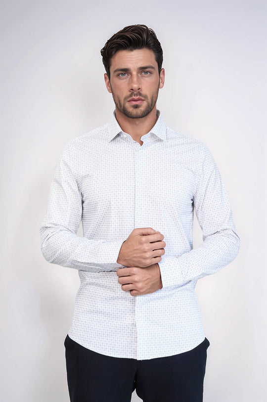 Men's White Houndstooth Slim Fit Long Sleeve Shirt | Wessi
