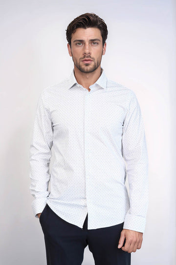 Men's White Houndstooth Slim Fit Long Sleeve Shirt | Wessi