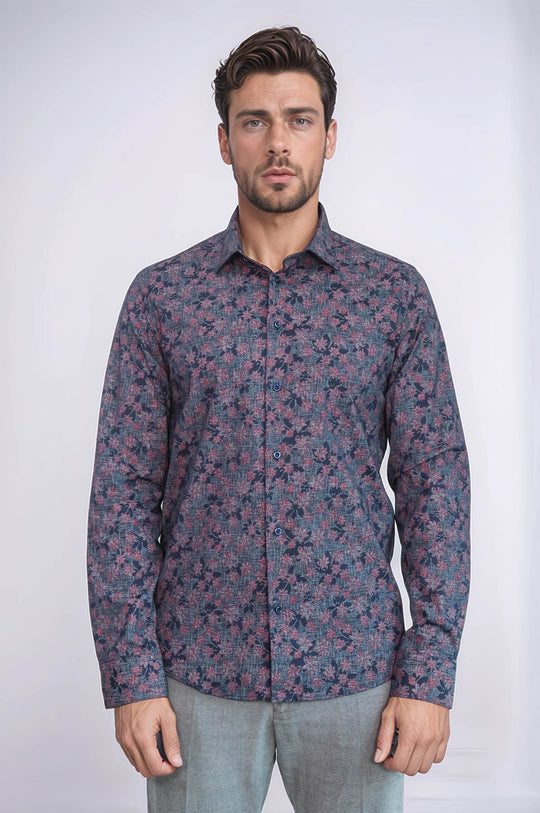 Men's Navy Blue Slim Fit Floral Bloom Patterned Shirt | Wessi