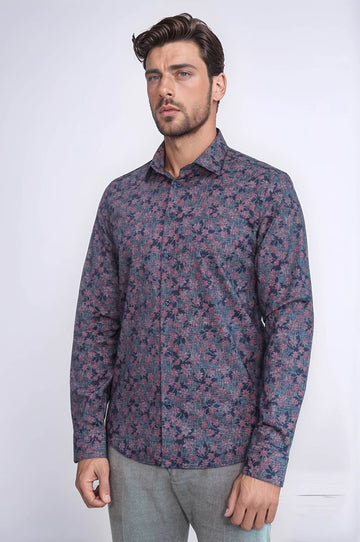 Men's Navy Blue Slim Fit Floral Bloom Patterned Shirt | Wessi