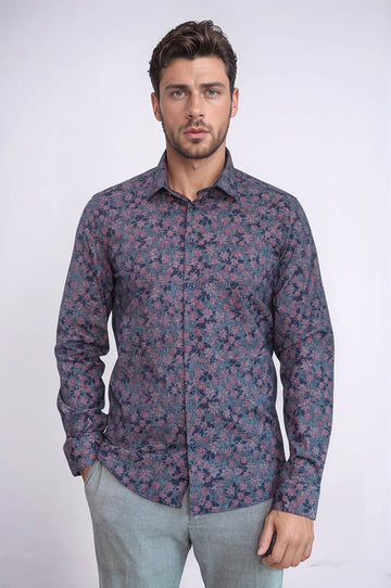 Men's Navy Blue Slim Fit Floral Bloom Patterned Shirt | Wessi