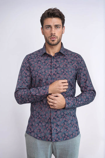 Men's Navy Blue Slim Fit Floral Bloom Patterned Shirt | Wessi