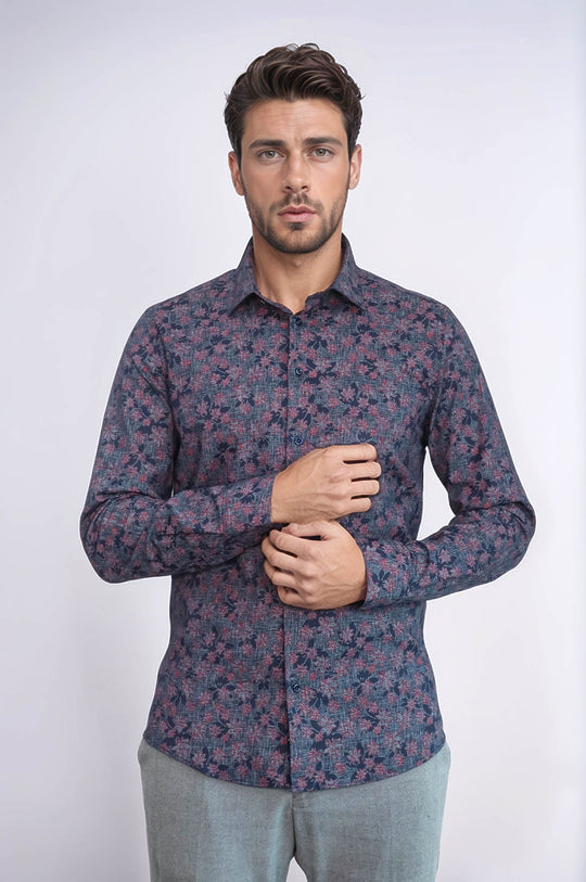 Men's Navy Blue Slim Fit Floral Bloom Patterned Shirt | Wessi