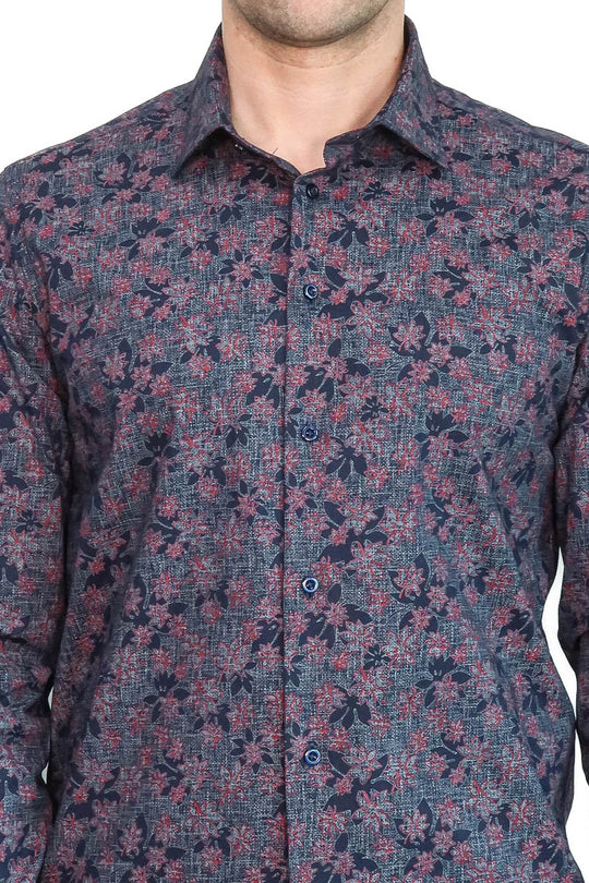 Men's Navy Blue Slim Fit Floral Bloom Patterned Shirt | Wessi