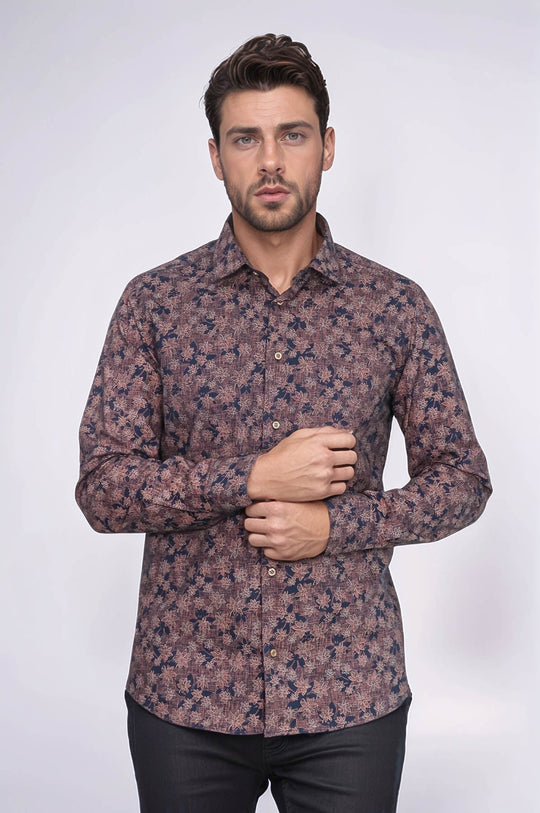 Men's Brown Floral Bloom Patterned Slim Fit Long Sleeve Shirt | Wessi