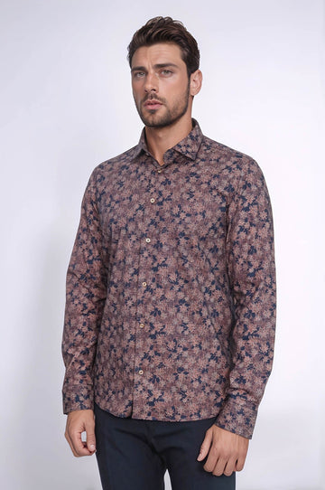 Men's Brown Floral Bloom Patterned Slim Fit Long Sleeve Shirt | Wessi