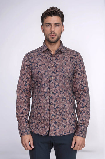 Men's Brown Floral Bloom Patterned Slim Fit Long Sleeve Shirt | Wessi