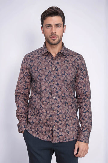 Men's Brown Floral Bloom Patterned Slim Fit Long Sleeve Shirt | Wessi