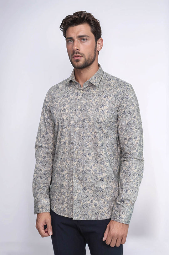 Bloom Patterned Beige Slim Fit Shirt | Wessi