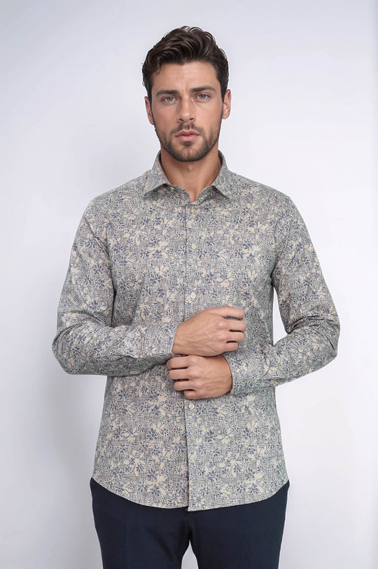 Bloom Patterned Beige Slim Fit Shirt | Wessi