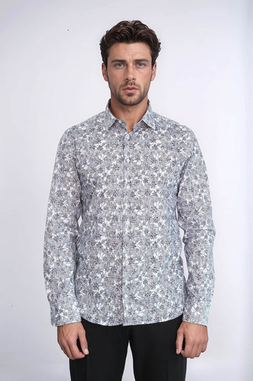 Men's White Slim Fit Bloom Patterned Shirt | Wessi