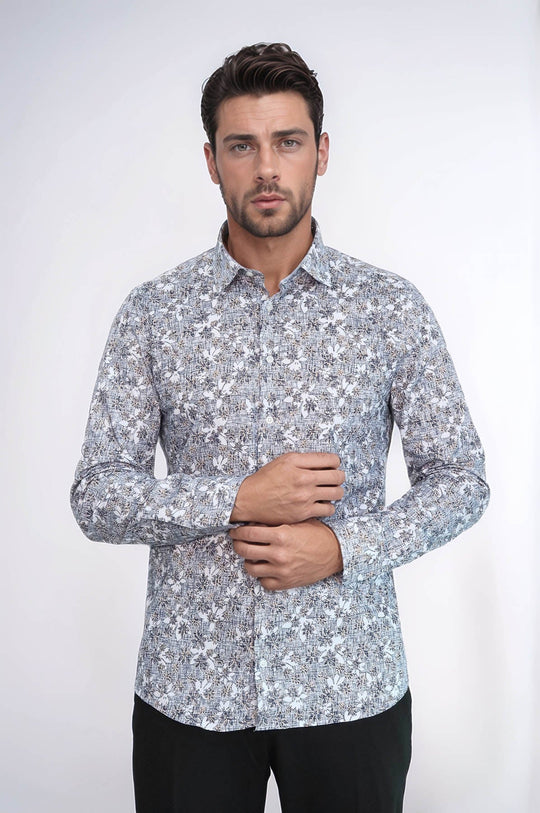 Men's White Slim Fit Bloom Patterned Shirt | Wessi