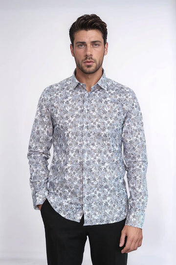 Men's White Slim Fit Bloom Patterned Shirt | Wessi