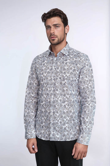 Men's White Slim Fit Bloom Patterned Shirt | Wessi