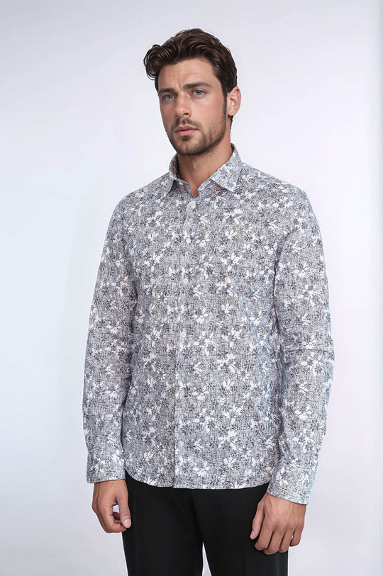 Men's White Slim Fit Bloom Patterned Shirt | Wessi