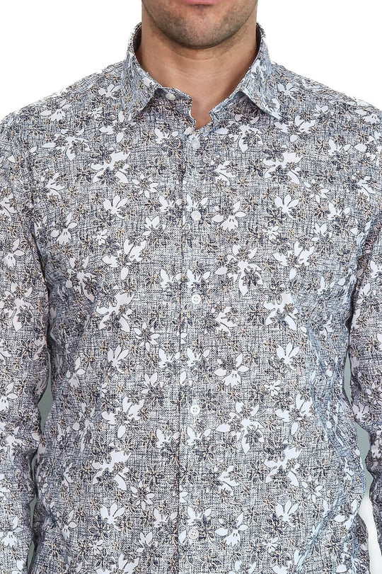 Men's White Slim Fit Bloom Patterned Shirt | Wessi
