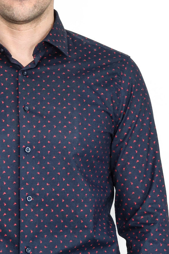 Men's Navy Slim Fit Shirt with Minimal Red Pattern | Wessi