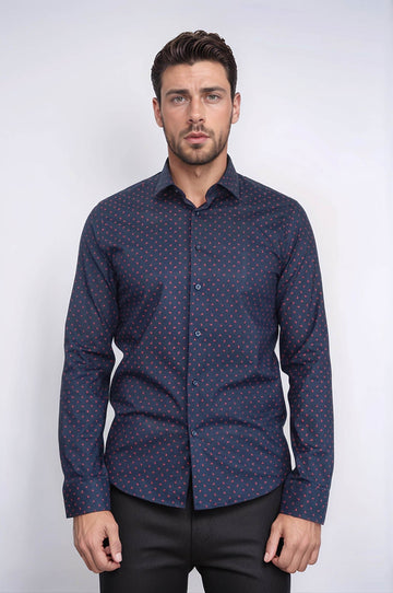 Men's Navy Slim Fit Shirt with Minimal Red Pattern | Wessi