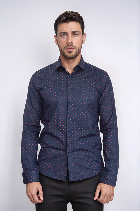 Men's Navy Slim Fit Shirt with Minimal Red Pattern | Wessi
