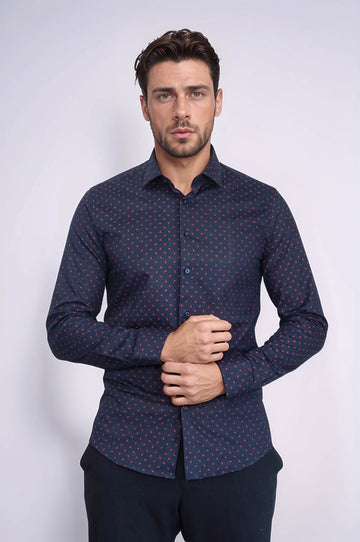 Men's Navy Slim Fit Shirt with Minimal Red Pattern | Wessi