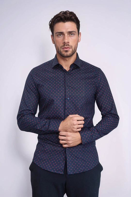 Men's Navy Slim Fit Shirt with Minimal Red Pattern | Wessi