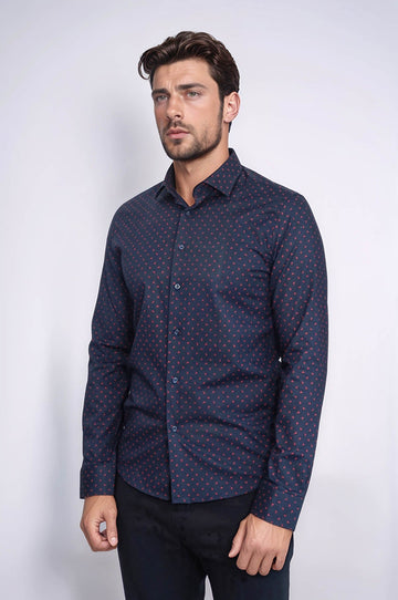 Men's Navy Slim Fit Shirt with Minimal Red Pattern | Wessi