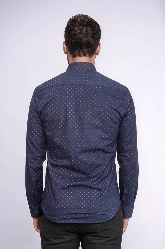 Men's Navy Slim Fit Shirt with Minimal Red Pattern | Wessi