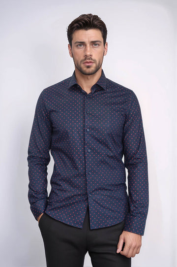 Men's Navy Slim Fit Shirt with Minimal Red Pattern | Wessi