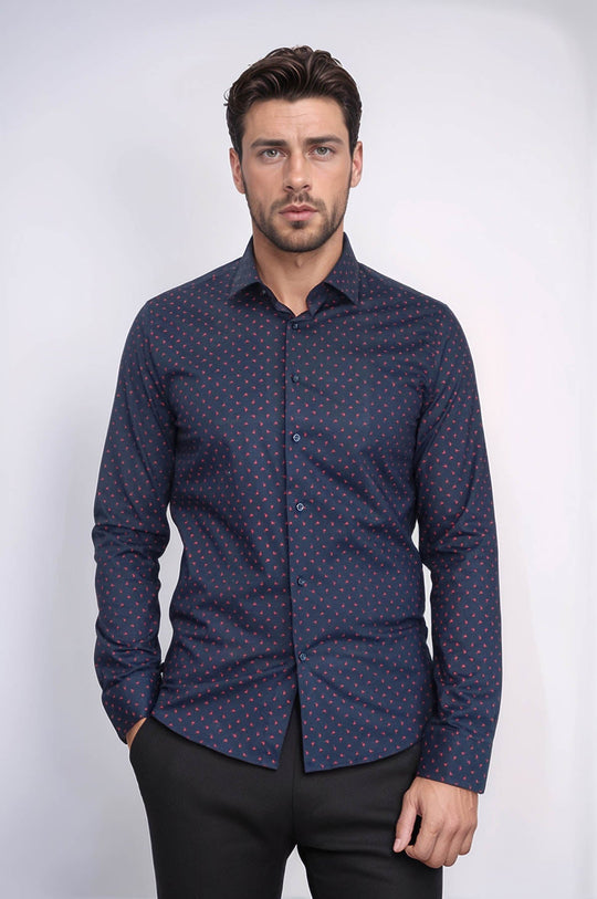 Men's Navy Slim Fit Shirt with Minimal Red Pattern | Wessi