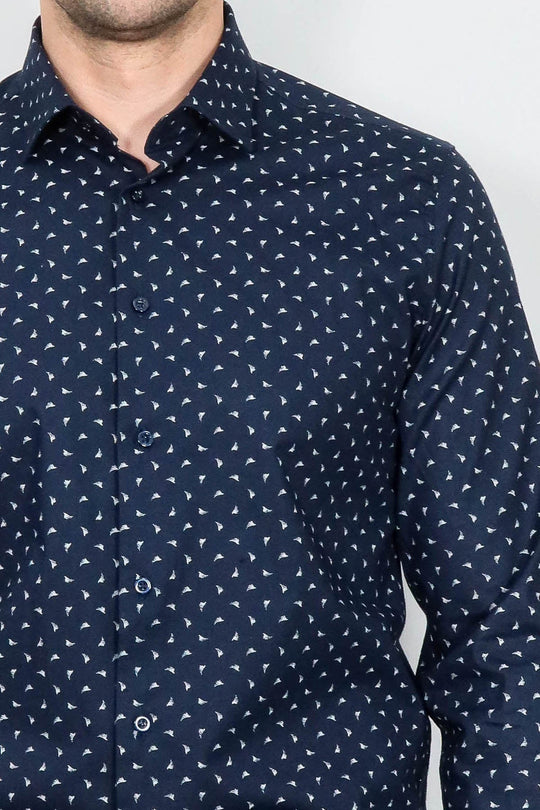 Men's Navy Slim Fit Shirt with Minimal White Pattern | Wessi