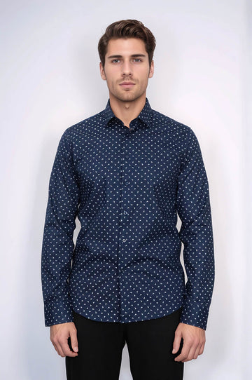 Men's Navy Slim Fit Shirt with Minimal White Pattern | Wessi