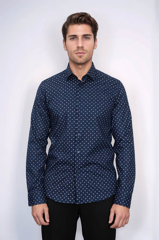 Men's Navy Slim Fit Shirt with Minimal White Pattern | Wessi