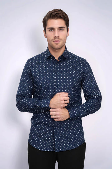 Men's Navy Slim Fit Shirt with Minimal White Pattern | Wessi