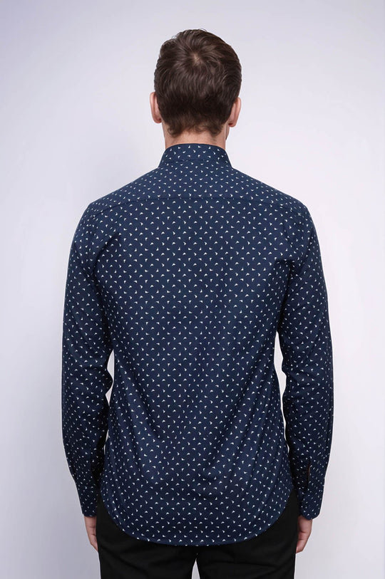 Men's Navy Slim Fit Shirt with Minimal White Pattern | Wessi