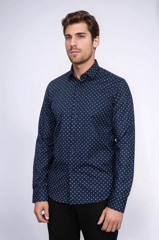 Men's Navy Slim Fit Shirt with Minimal White Pattern | Wessi