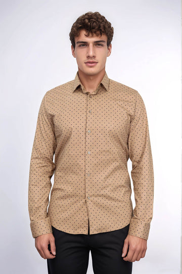 Men's Beige Slim Fit Shirt with Minimal Black Pattern | Wessi
