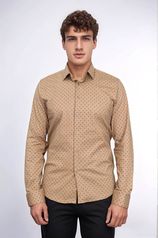 Men's Beige Slim Fit Shirt with Minimal Black Pattern | Wessi