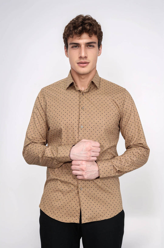 Men's Beige Slim Fit Shirt with Minimal Black Pattern | Wessi