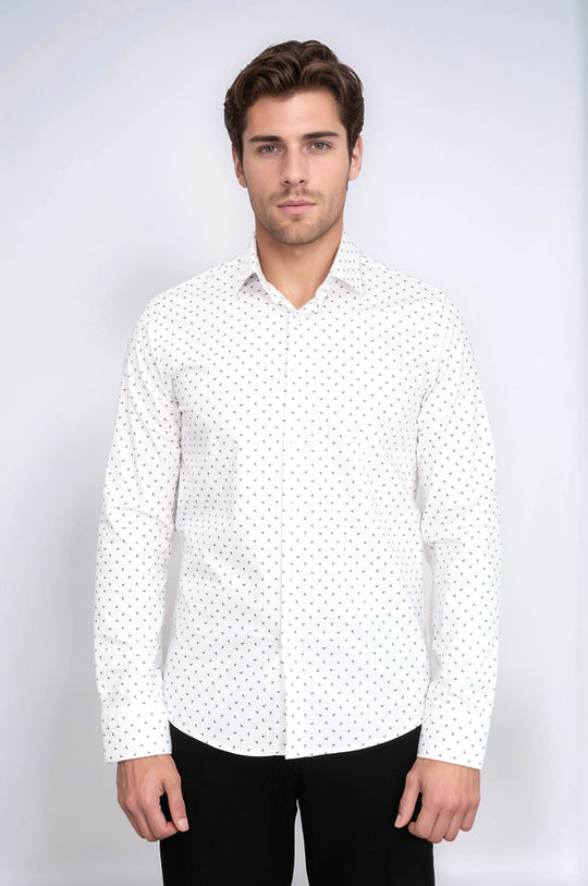 Men's White Slim Fit Shirt with Minimal Grey Pattern | Wessi