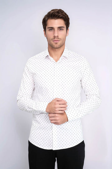 Men's White Slim Fit Shirt with Minimal Grey Pattern | Wessi