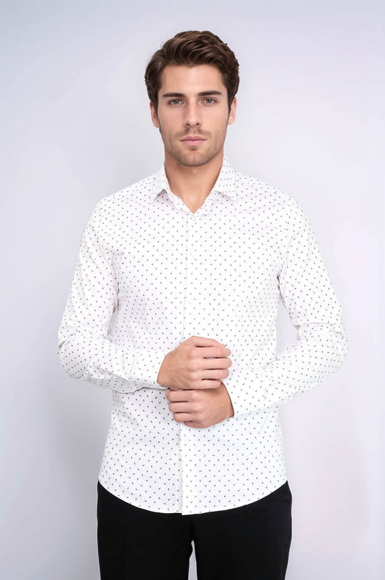 Men's White Slim Fit Shirt with Minimal Grey Pattern | Wessi