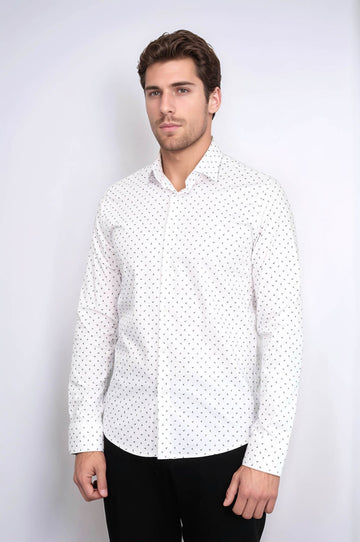 Men's White Slim Fit Shirt with Minimal Grey Pattern | Wessi