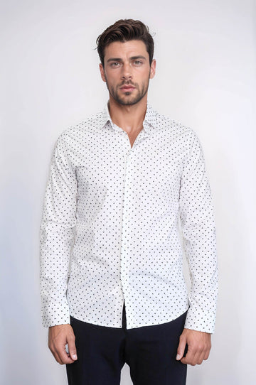 Men's White Slim Fit Shirt with Minimal Black Pattern | Wessi