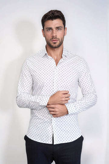 Men's White Slim Fit Shirt with Minimal Black Pattern | Wessi