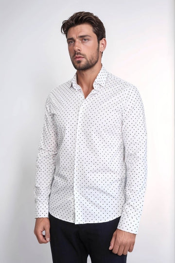 Men's White Slim Fit Shirt with Minimal Black Pattern | Wessi