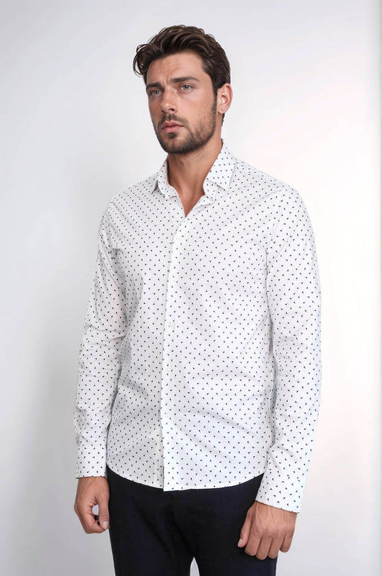 Men's White Slim Fit Shirt with Minimal Black Pattern | Wessi