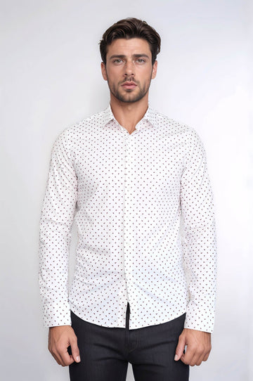 Men's White Slim Fit Shirt with Minimal Burgundy Pattern | Wessi