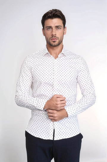 Men's White Slim Fit Shirt with Minimal Burgundy Pattern | Wessi